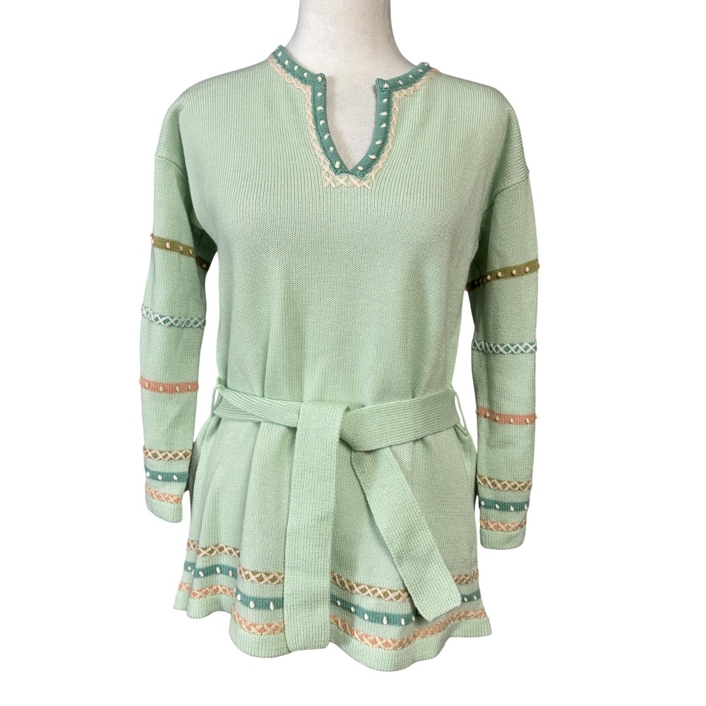 Vintage West by Jason Silverstein Womens L Green Belted Tunic‎ Sweater Knit
